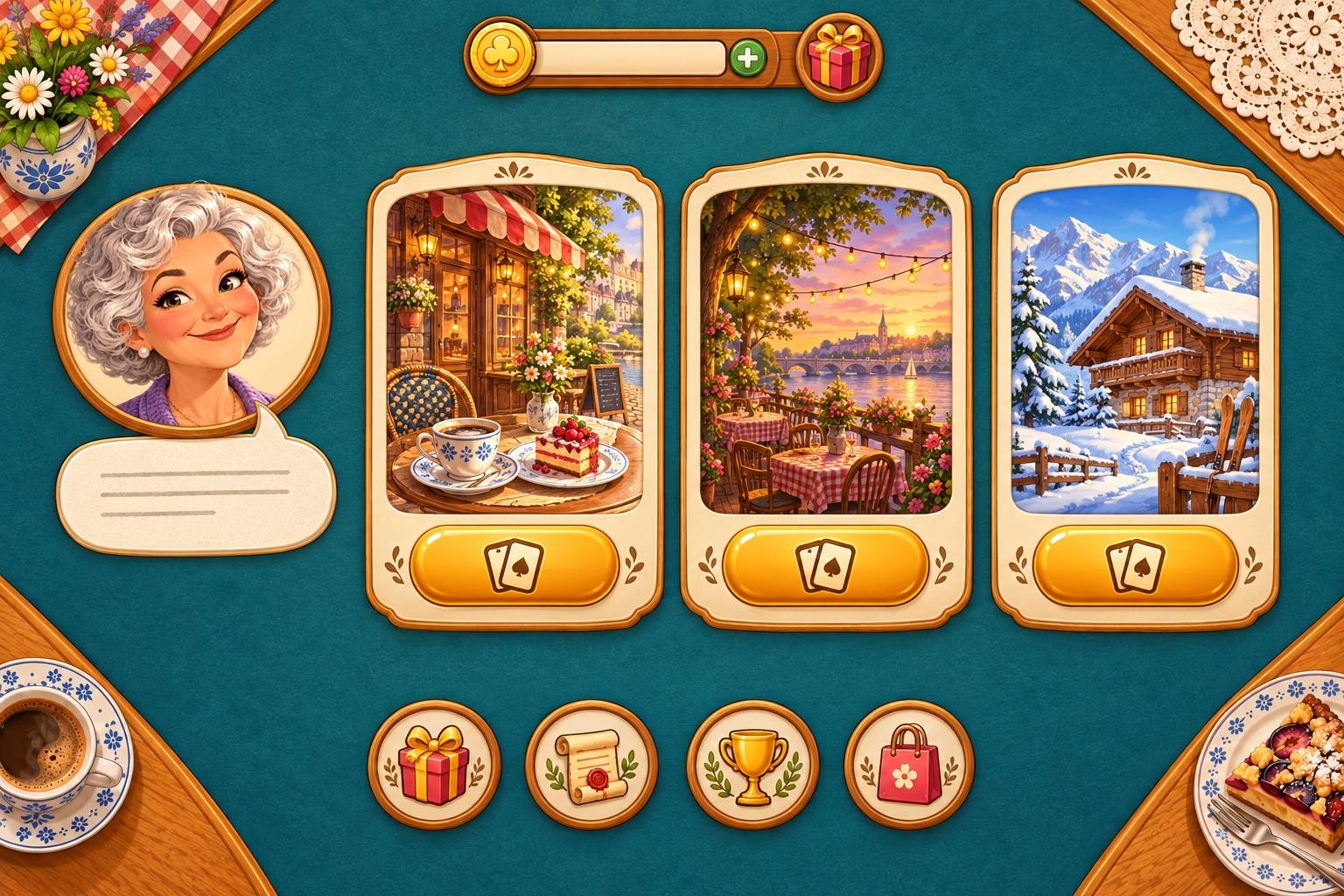 L’accueil de l’application : Marlène et trois salons peints, le café, la guinguette et le chalet.